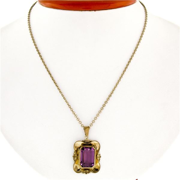 Victorian 8k Gold Octagonal Bezel Set Amethyst Solitaire Pendant Necklace