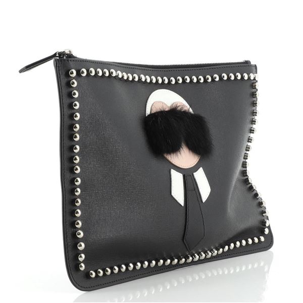 Fendi Karlito Pouch Studded Saffiano Leather Medium Black