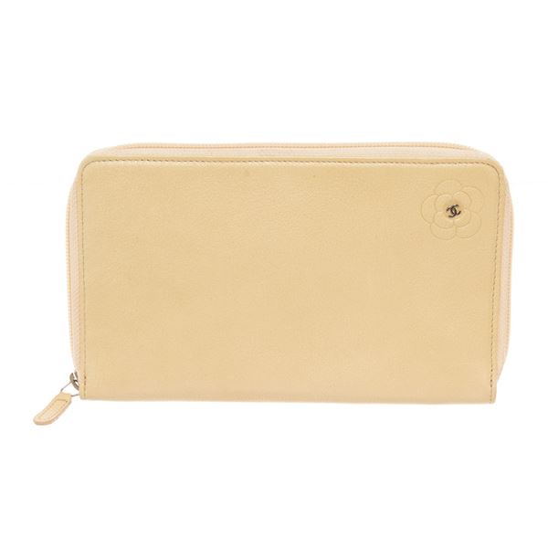Chanel Ivory Leather Camellia Zip Around Long Wallet