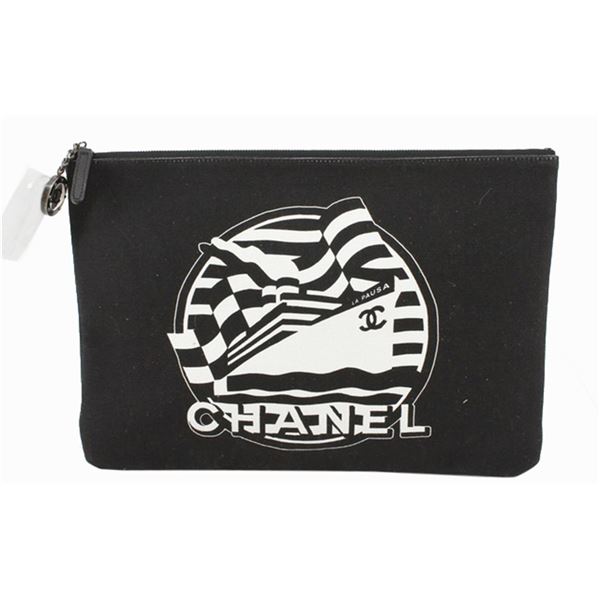 Chanel Black Print Canvas La Pausa Zip Pouch