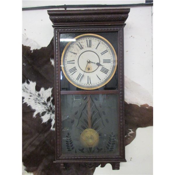 Large Antique Sessions Ranchhouse Wall Clock- C 1900's- Leaded Glass- Key- Very Good Condition- Need