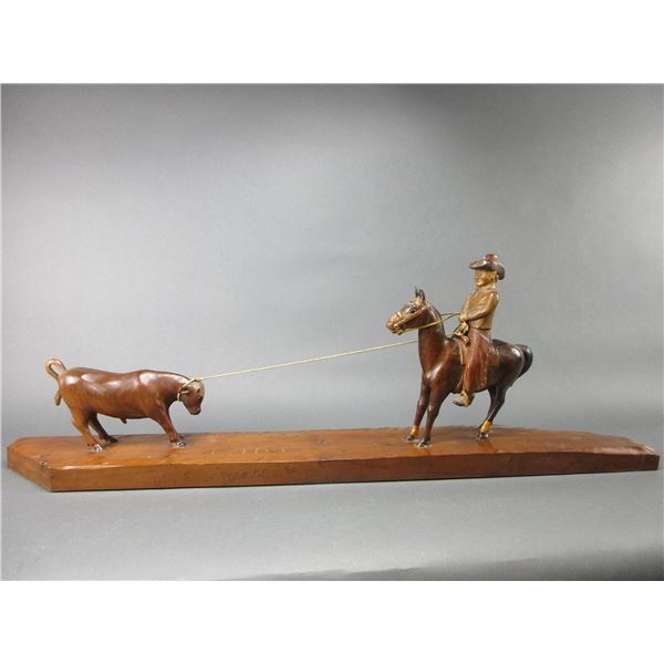 Marked Will BE 78 Hand Carved Roping Scene- 14"H X 41"W X 5.5"D