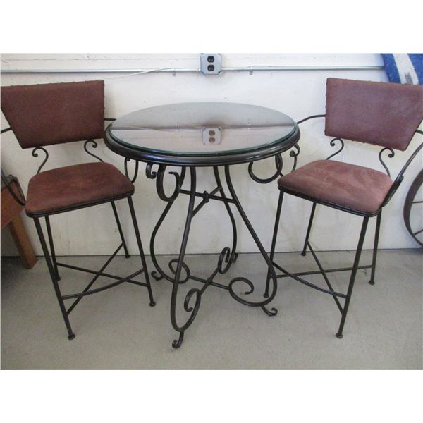 2 Pleather Bar Stools And Round Glass Top Bar Table- 41"H X 32"W- Very Good Condition