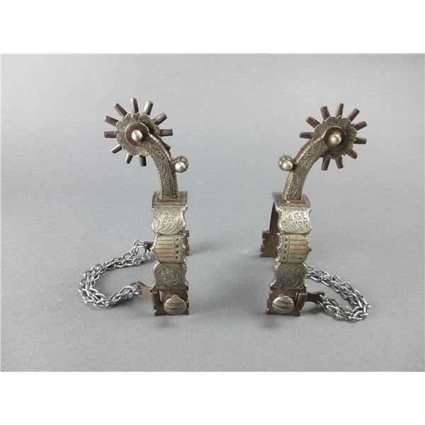 Marked E Garcia Silver Inlaid Shield Pattern Spurs- 1" Bands- 2.5" Shanks- 12 Point Rowels With Cove