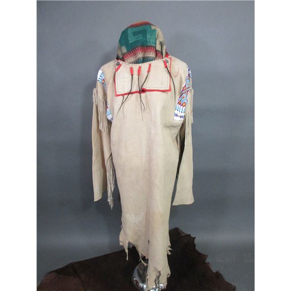 Contemporary Beaded And Fringed Indian Doe Skin Dress- Horse Hair Drops- 42"L- New Condition- Stand 