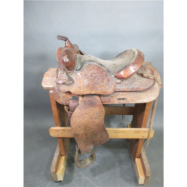 Western Style Saddle- 14.5" Padded Seat- Tooled- Decent Sheepskin- Horn Is Damaged- Fair Condition