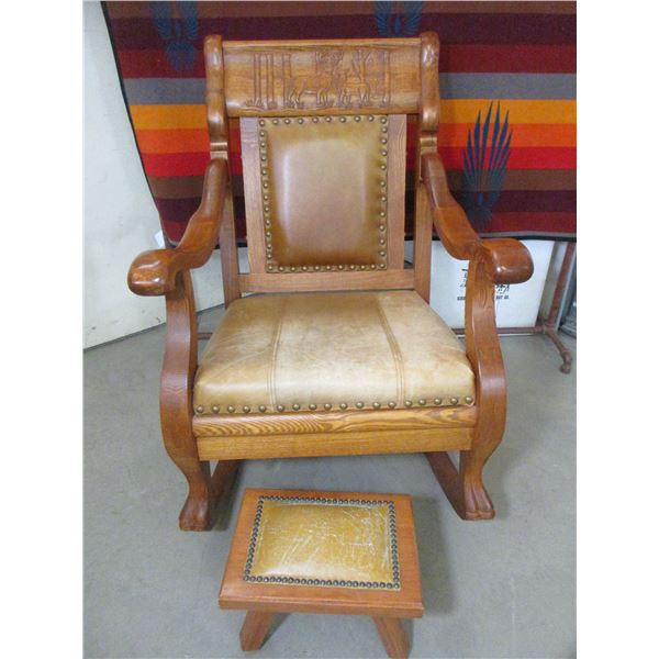 Carved Heavy Duty Leather Rocker- 41"H X 27"W- Footstool Included- Great Condition