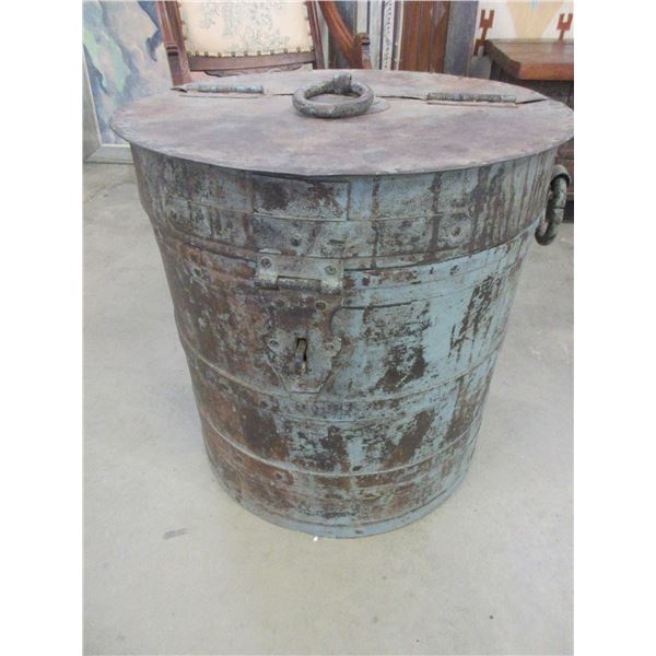 Early Round Iron Strong Box- Top Lifts Up For Storage- 20"H X 20"W