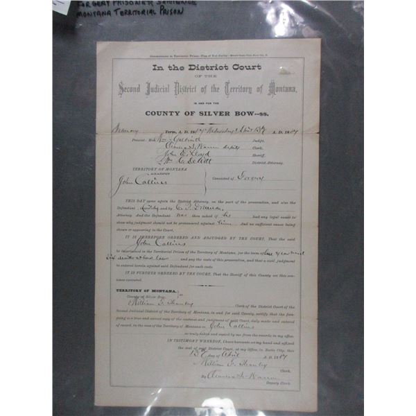 Original 1884 Montana Territorial Silver Bow County Court Document- John Collins Was Sentenced To 18