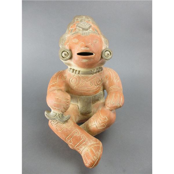 Terra Cotta Seated Mayan Pottery Figure- 14"H X 9"W- Looks Like A Piece Has Broken Off And Been Repa