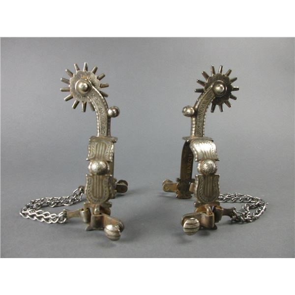 Marked E Garcia Silver Inlaid Harp Pattern Spurs- 1" Bands- 2.5" Shanks- 14 Point Rowels With Covers