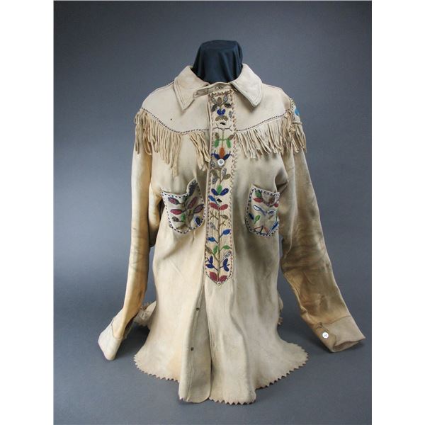Beaded And Fringed Native Leather Shirt With Pockets- 29"L- Good Condition