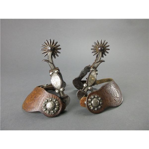Unmarked Buermann Silver Inlaid Spurs- Chased On The Inside- .75" Bands- 2" Shanks- 16 Point Rowels-