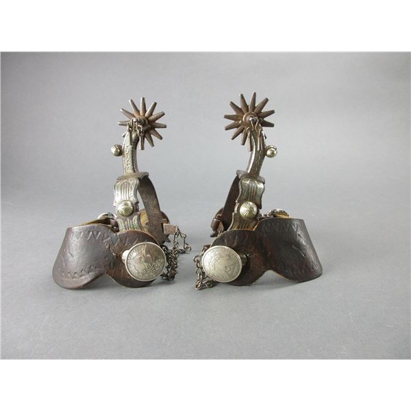 Unmarked California Style Silver Inlaid Harp Pattern Spurs- 1" Bands- 2.5" Drop Shanks- 12 Point Row