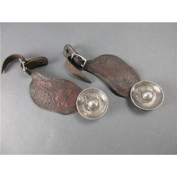 Marked F Schultz Loop Back Sombrero Conchos On Tooled Straps- 2"