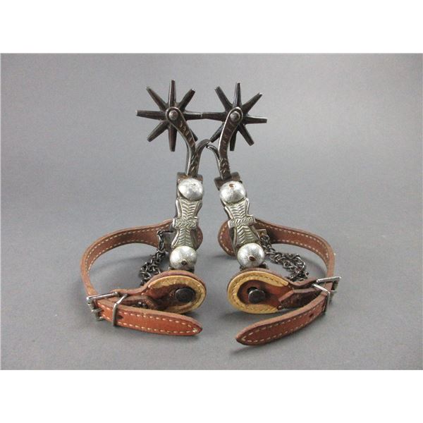 Transitional Double Mounted Silver Inlaid Spurs- .75" Bands- 2.25" Chased Shanks- 8 Point Rowels- Ch