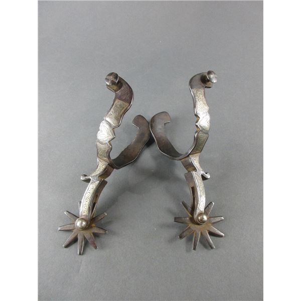 Marked EH (Eddie Hulbert) Silver Inlaid Spurs- .75" Bands- 2.75" Shanks- 9 Point Rowels- Barrel Chap