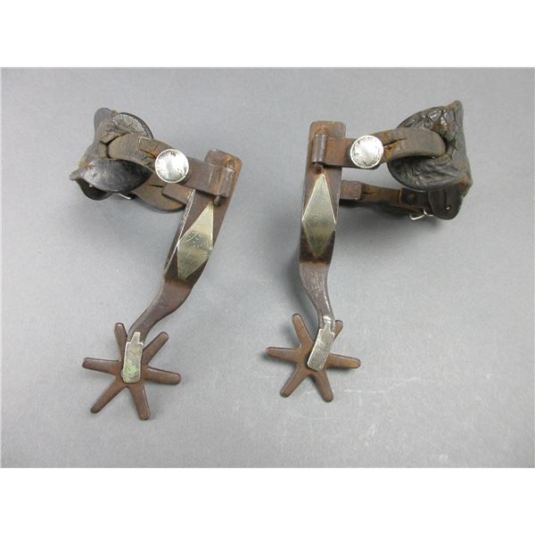 Marked Kelly Bros Silver Overlaid Spurs- .8" Bands- 2.8" Shanks- 6 Point Rowels- Mercury Dime Button