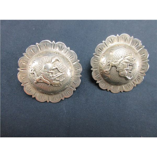 Unmarked Sterling Bucking Horse Conchos- Domed- Engraved- Scalloped- Loop Back- 2"