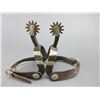 Image 1 : Marked Powder River Silver Overlaid Spurs- .8" Bands- 2.5" Shanks- 12 Point Rowels- Straps- Good Con