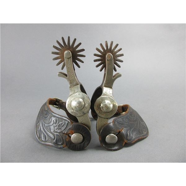 Marked Crockett Silver Overlaid Spurs- 1.5" Bands At The Widest- 2.3" Shanks- 16 Point Rowels- Chap 