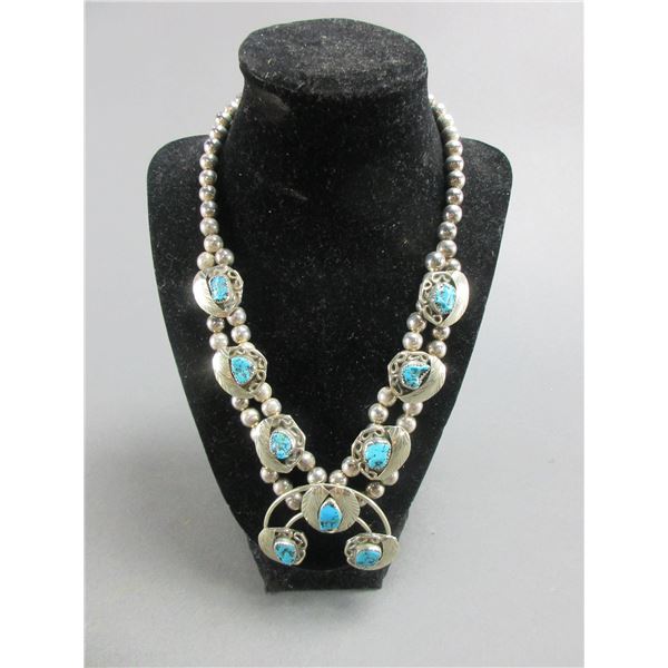 Unmarked Silver And Turquoise Squash Blossom Necklace- 11"