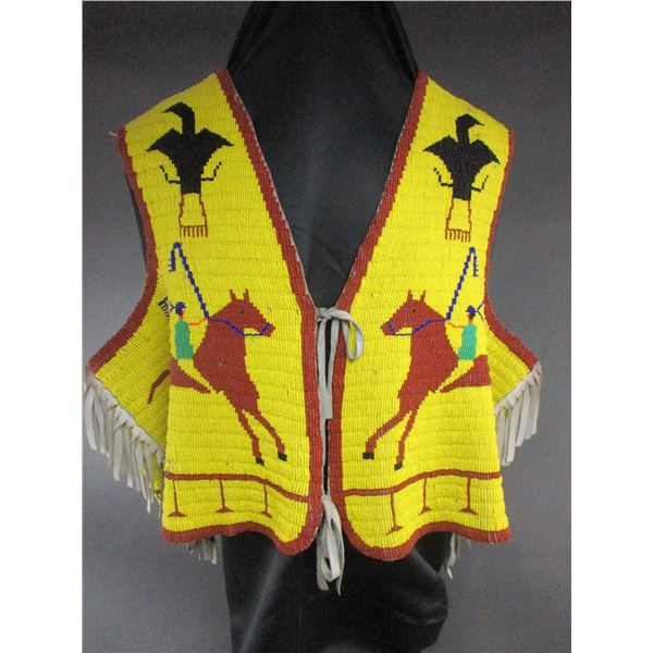 Sioux Fully Beaded And Fringed On Leather Pictographic Vest- 21.5"L