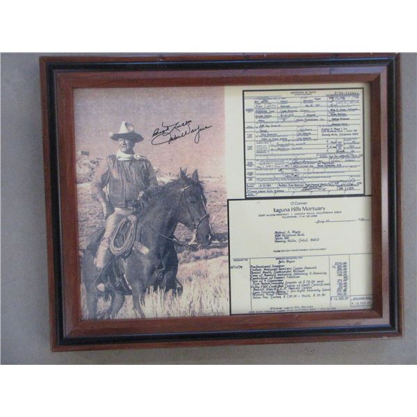 Copy Of John Wayne Death Certificate And Funeral Arrangements- 16" X 13"