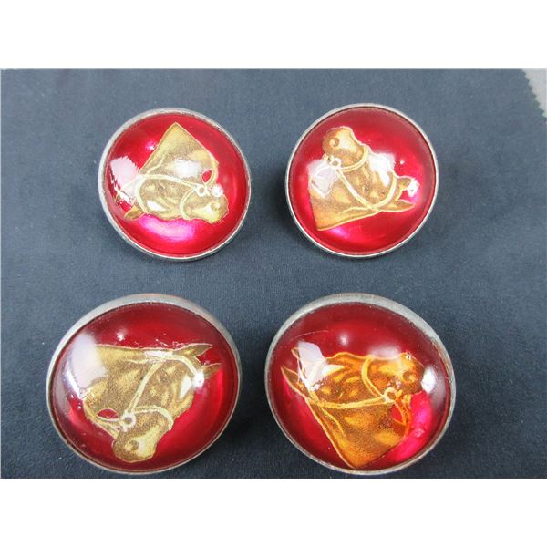 4 Horsehead Glass Bridle Rosettes Marked "A Chapman"- Great Condition