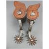 Image 2 : Marked MW Adams 0063 Silver Inlaid Double Mounted Spurs- .5" Bands- 2" Drop Shanks- 12 Point Rowels-