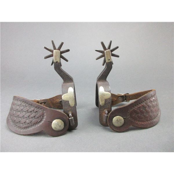 Marked Boone Silver Overlaid Sombrero Spurs- 1" Bands- 2.5" Shanks- 8 Point Rowels- Stamped Straps- 