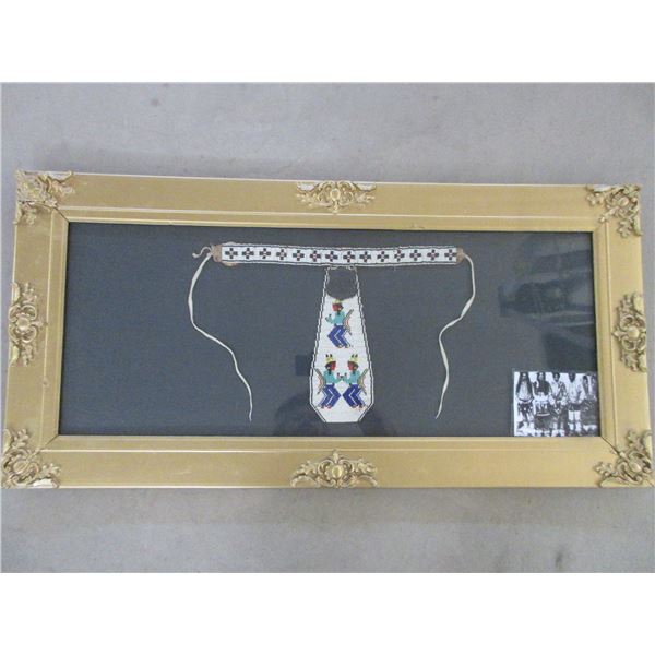 Early Beaded Indian Neck Tie- Framed With Photo- 1890's- 35" X 17"