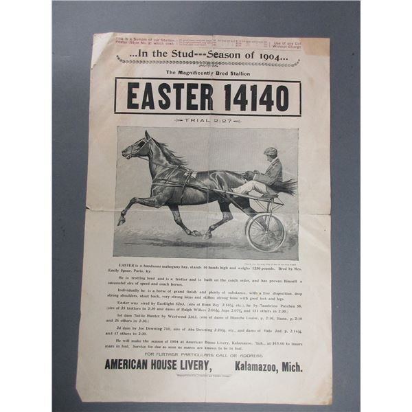 Poster Advertising The Stud Easter 14140 In 1904- Kentucky Bred Trotter- 20" X 14"