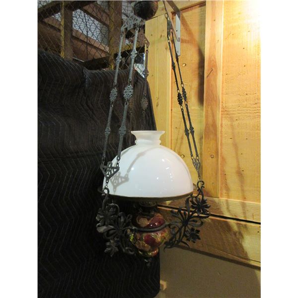 Hanging Hand Painted Aladdin Oil Lamp- Shade 15"W- Total Length 50"- Excellent Condition