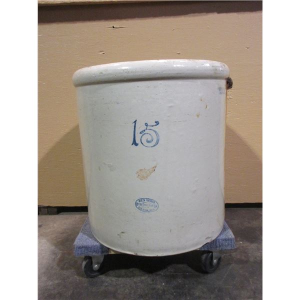 #15 Redwing Crock- Small Wing- Missing Handles- Stain On Outside- Few Chips On Bottom- 19"H X 17"W