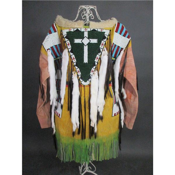 Contemporary Beaded And Fringed Native War Shirt- Ermin Drops- Horsehair Drops- Fur Collar- 35"L New