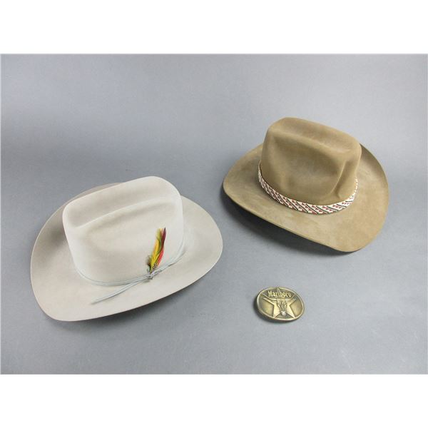 7 1/8 Brown Stetson 4X Hat- Beaded Hat band- 7 1/8 Silver Belly Stetson 4X Hat- Brass Marlboro Belt 