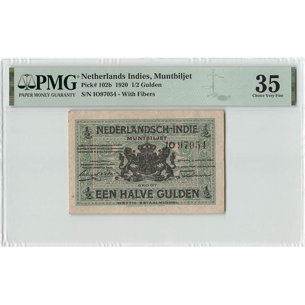 Netherlands Indies ½ Gulden 1920 Muntbiljet Pick 102b PMG Choice Very Fine 35