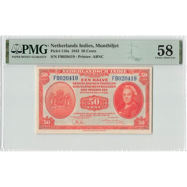 Netherlands Indies ½ Gulden 1943 ABNC Pick 110a PMG Choice About UNC 58