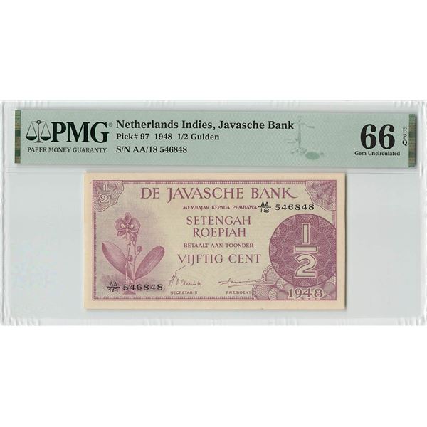 Netherlands Indies ½ Gulden 1948 Pick 97 PMG Gem Uncirculated 66 EPQ