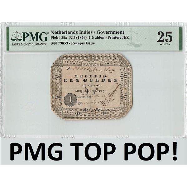 Netherlands Indies 1 Gulden 1846 Recepis Issue JEZ Pick 39a PMG Very Fine 25 TOP POP
