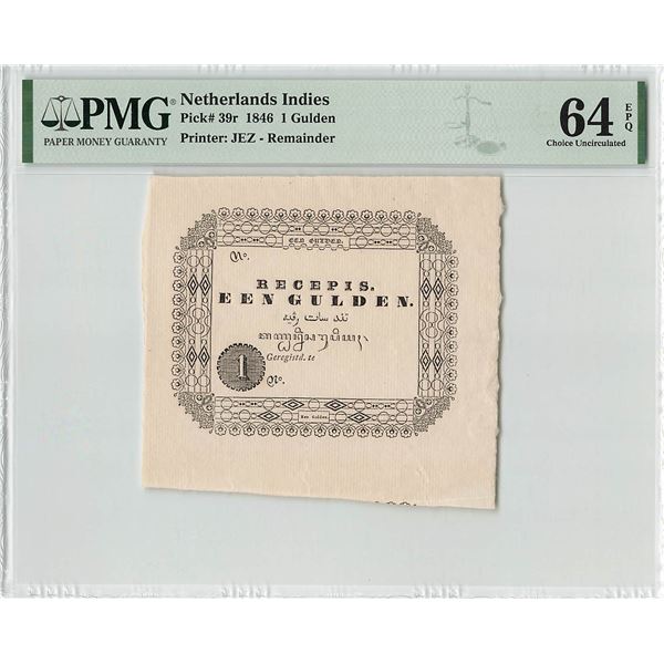 Netherlands Indies 1 Gulden 1846 Pick 39r PMG Choice Uncirculated 64 EPQ