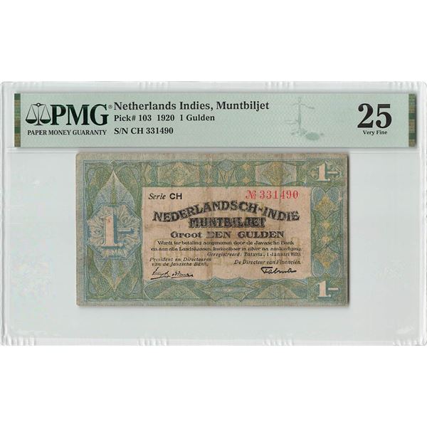 Netherlands Indies 1 Gulden 1920 Pick 103 PMG Very Fine 25