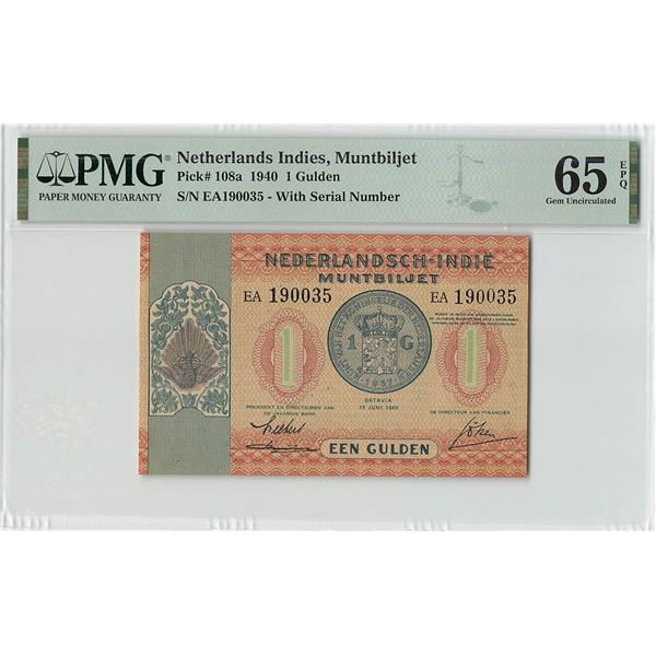 Netherlands Indies 1 Gulden 1940 Pick 108a PMG Gem Uncirculated 65 EPQ