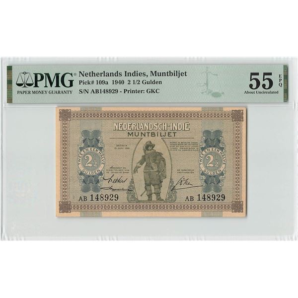 Netherlands Indies 2½ Gulden 1940 Pick 109a PMG About Uncirculated 55 EPQ
