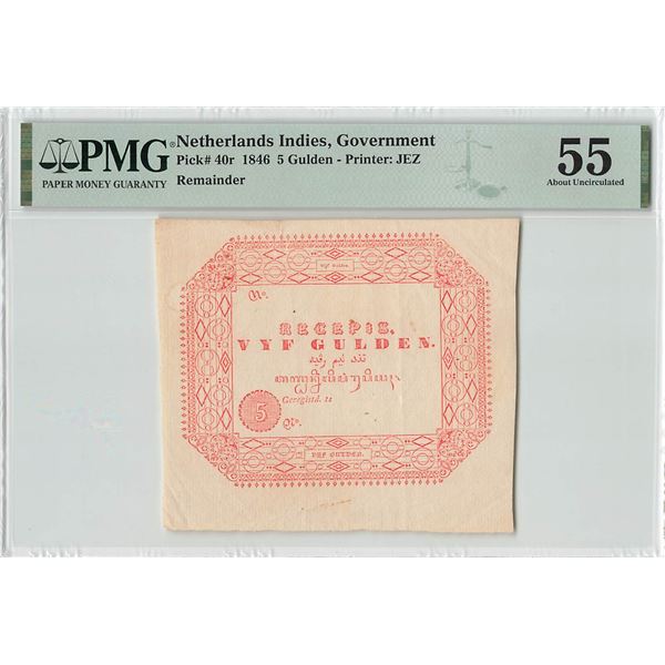 Netherlands Indies 5 Gulden 1846 Pick 40r PMG About UNC 55