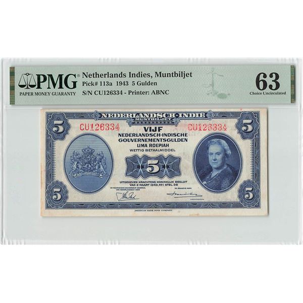 Netherlands Indies 5 Gulden 1943 ABNC Pick 113a PMG Choice UNC 63