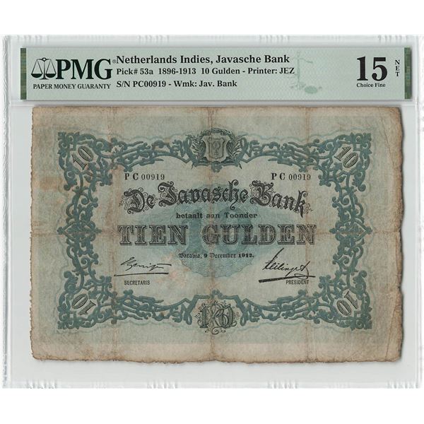 Netherlands Indies 10 Gulden 1912 Javasche Bank Pick 53a PMG Choice Fine 15