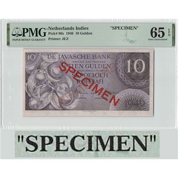 Netherlands Indies 10 Gulden 1946 Specimen JEZ Pick 90s PMG Gem Uncirculated 65 EPQ
