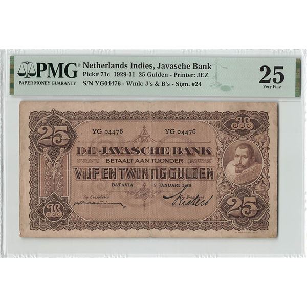 Netherlands Indies 25 Gulden 1930 J.P Coen Pick 71c PMG Very Fine 25